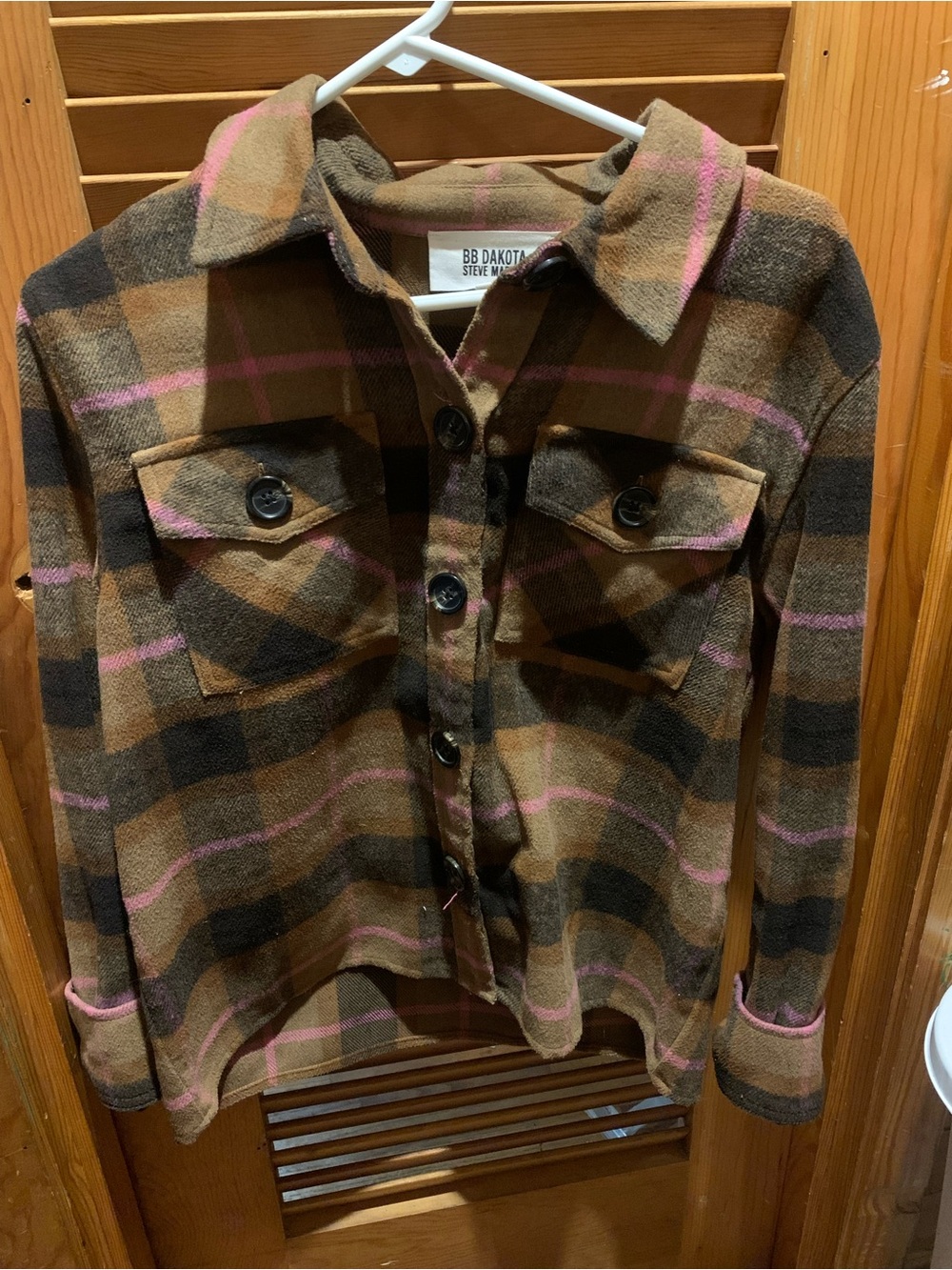 BB Dakota Brown Plaid Jacket with Pink Trim